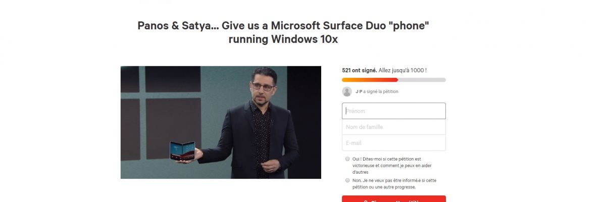 Surface Duo : une pétition pour qu'il soit disponible sous Windows 10X